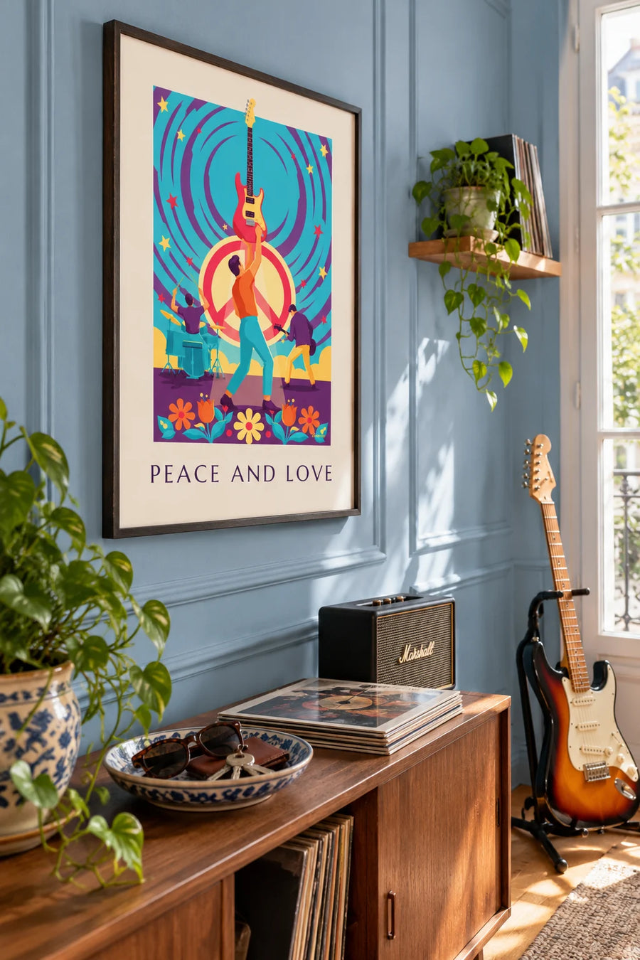 Poster gruppo rock Peace and Love sotto le stelle colorate: incorniciato alla parete