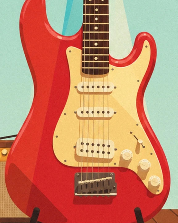 La chitarra elettrica rossa con pickup color crema e 3 manopole sul palco del club