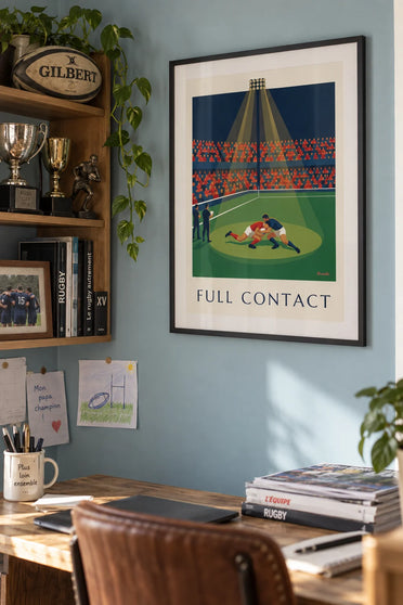 Affiche plaquage de rugby en pleine course au stade : encadrée au mur