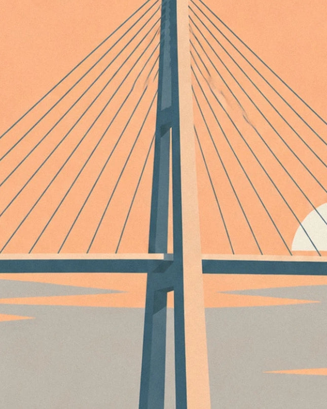 Le pylône du pont de Saint-Nazaire et ses haubans sur un ciel orangé