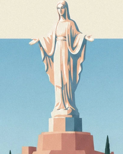 The statue of the Virgin Mary with open arms on its pink plinth against the blue sky