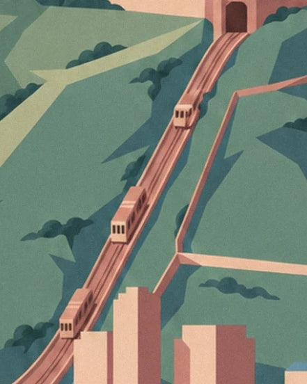 The funicular carriages on pink rails between the green slopes