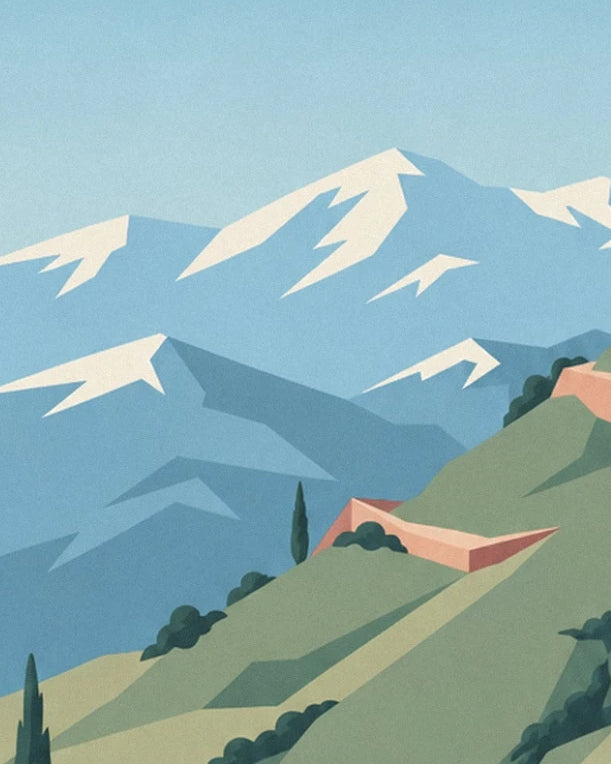 The snowy peaks of the Andes behind green hills and their cypress trees