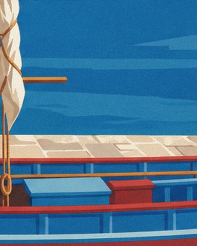 La coque bleue du caïque, ses bordures rouges et sa voile repliée au bord du quai