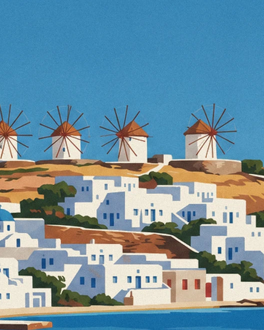 Les 4 moulins de Kato Mili au-dessus des maisons blanches aux fenêtres bleues