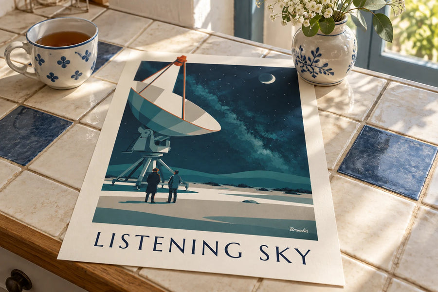 Poster radiotelescopio puntato verso un cielo stellato nel deserto: appoggiato su un tavolo