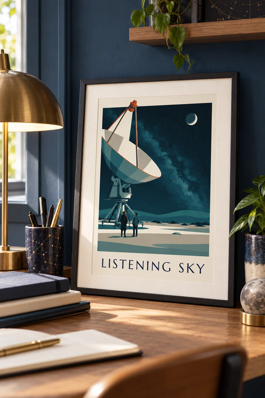Poster radiotelescopio puntato verso un cielo stellato nel deserto: formato piccolo A4 con cornice