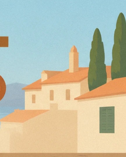Houses with orange tiled roofs and green shutters, a bell tower and 2 cypresses by the water