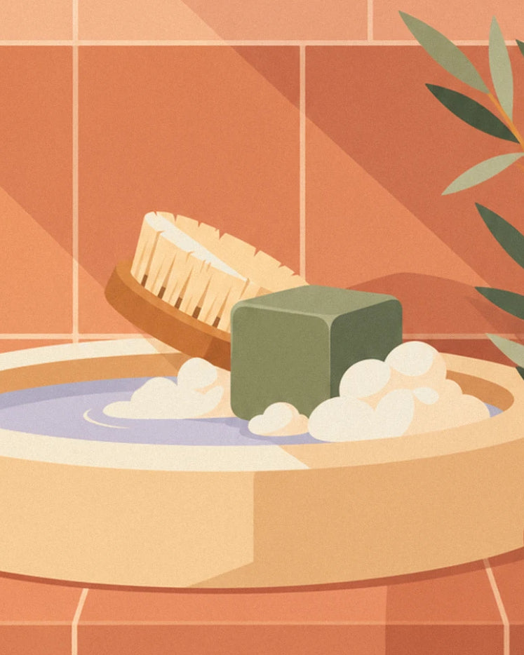 The green cube of soap and wooden brush in a basin of water covered in foam