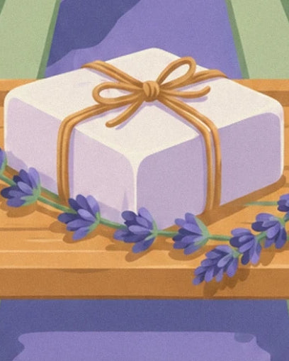 A white bar of soap tied with golden string, surrounded by lavender on a wooden tray