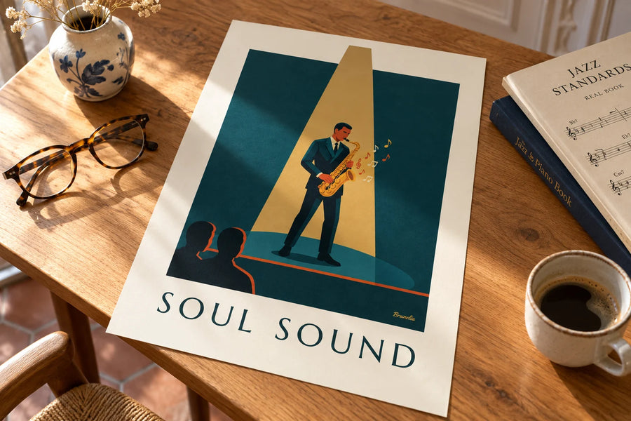 Poster con sassofono dorato sotto un fascio di luce jazz: appoggiato su un tavolo