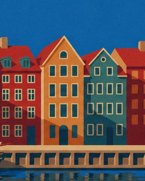 Le case arancioni e verde acqua con tetti rossi di fronte al canale di Nyhavn