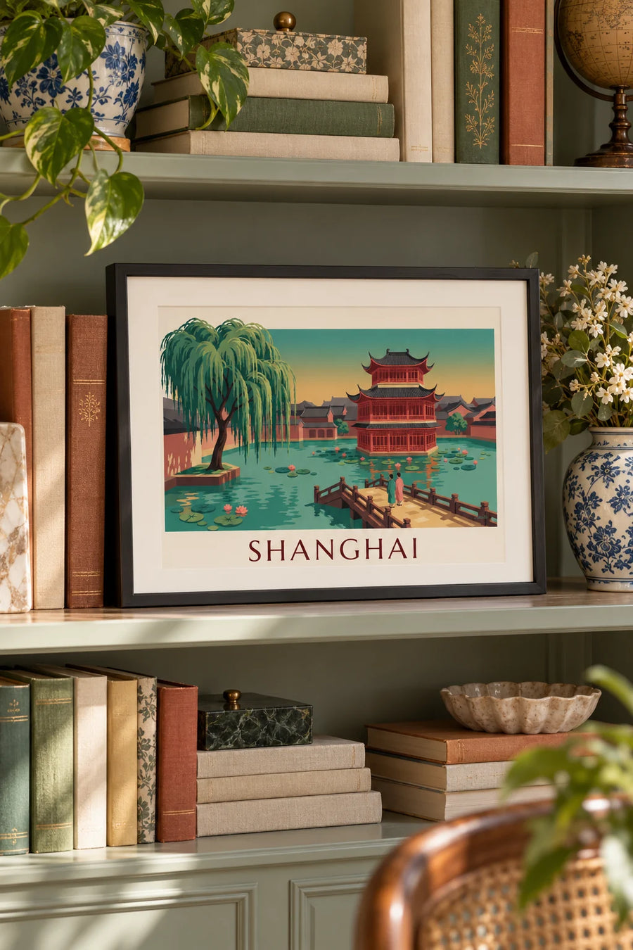 Affiche maison de thé du jardin Yuyuan à Shanghai : petit format A4 encadré