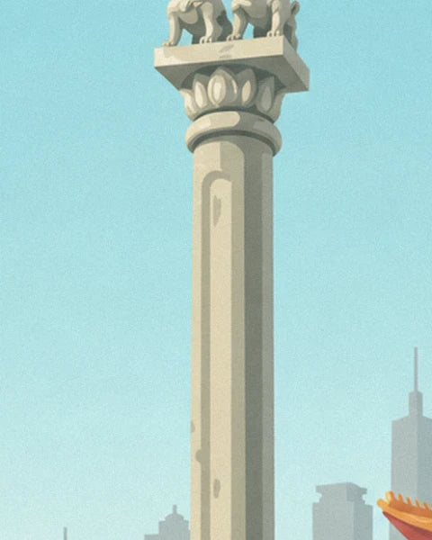 La colonne de pierre à chapiteau de lotus, surmontée de ses lions gardiens, devant les gratte-ciel