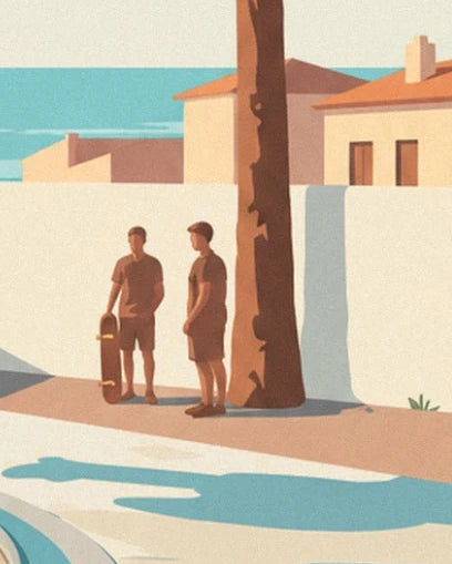 The 2 figures beside the palm tree, with a skateboard in front of the white wall