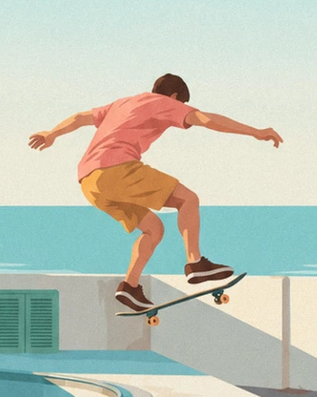 The skateboarder in a pink T-shirt and ochre shorts mid-jump above the bowl