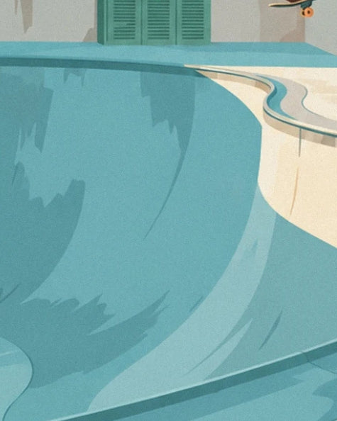 The turquoise curves of the bowl, its pale rim and large palm shadows