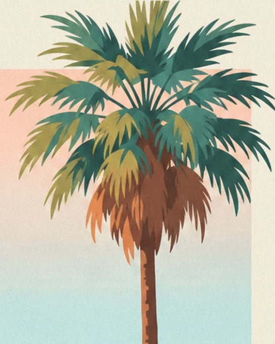 The palm tree with green, yellow and brown fronds against a pastel sky