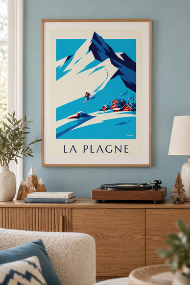 Poster di sciatore in discesa a La Plagne di fronte alla Bellecôte: incorniciato alla parete