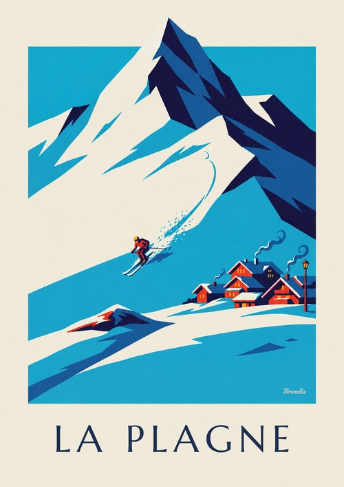 Poster di uno sciatore in discesa a La Plagne di fronte a Bellecôte: il poster intero