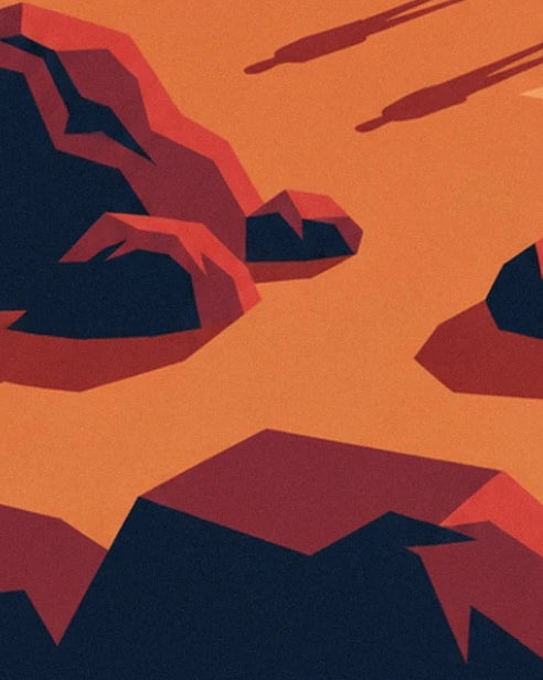 Les blocs rocheux anguleux aux faces bleu nuit et les longues ombres sur le sol orange