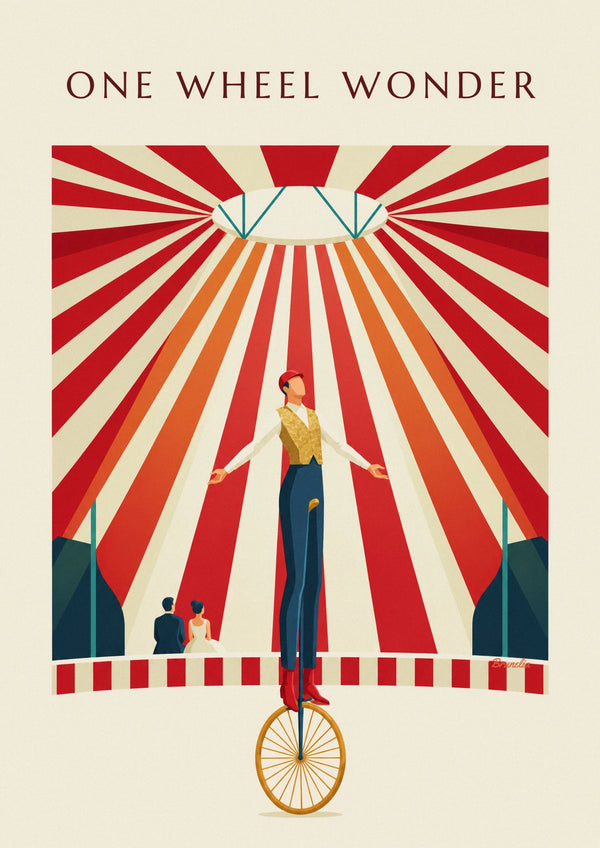Affiche acrobate sur monocycle sous le chapiteau du cirque