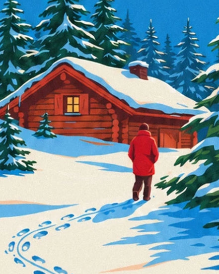 Una figura con il cappotto rosso davanti alla baita di legno dal tetto innevato