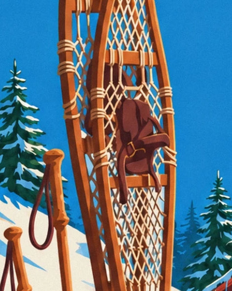 Le ciaspole di legno con la rete chiara e gli attacchi marroni accanto ai bastoncini
