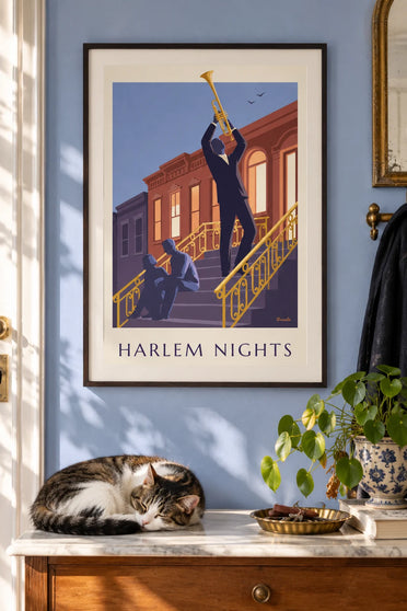 Poster trombettista sulla scalinata di una casa di Harlem di sera: incorniciato alla parete