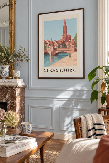 Affiche cathédrale de Strasbourg et pont médiéval : encadrée au mur