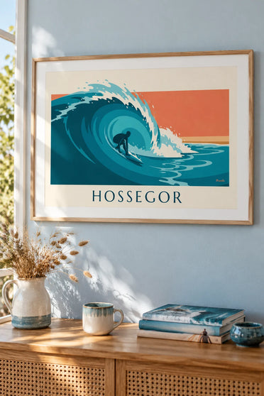 Affiche surfeur dans le tube d'une vague à Hossegor : encadrée au mur