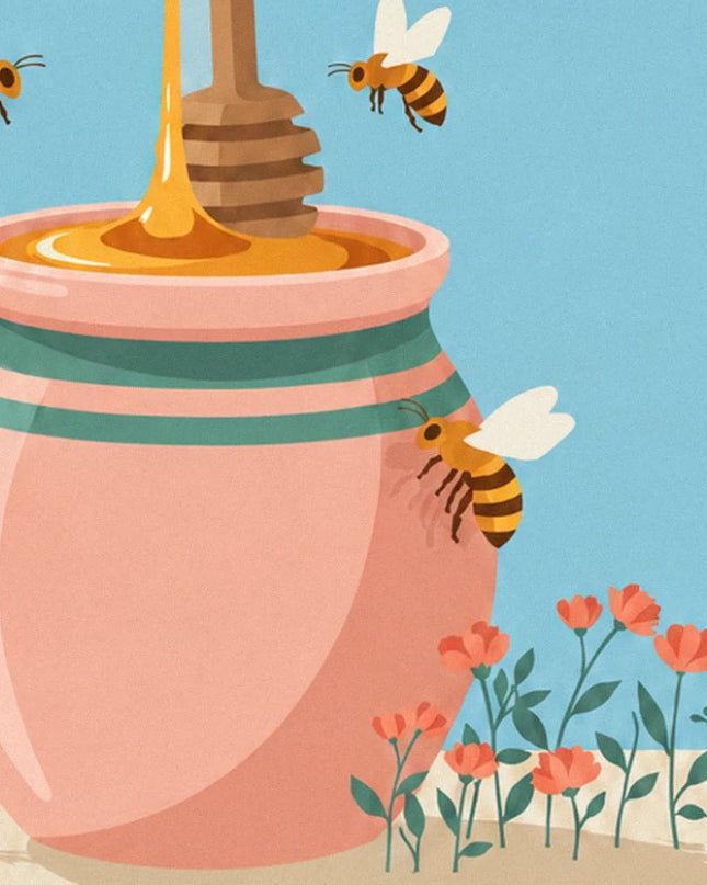 The pink pot with green stripes, dripping golden honey, and 2 bees