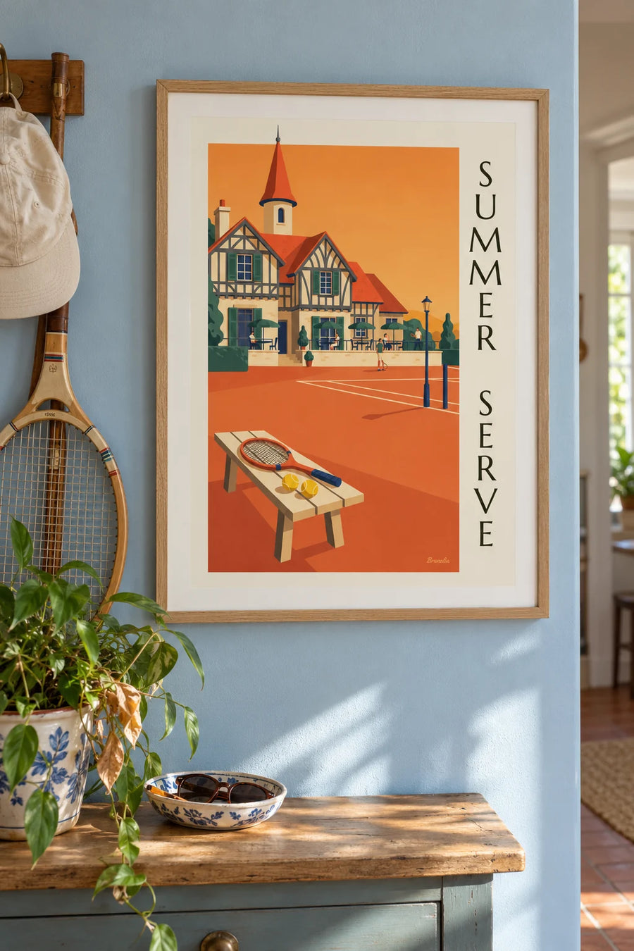 Half-timbered tennis clubhouse and clay court poster: framed on the wall