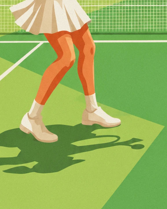A white pleated skirt, firmly planted legs and white shoes, with a shadow cast on the grass