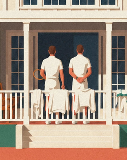 Les 2 joueurs de dos en tenue blanche et les serviettes sur la balustrade du club