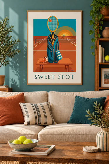 Poster borsa da tennis, racchetta e palline a bordo campo: con cornice appeso al muro