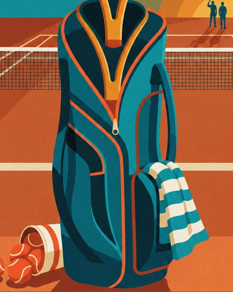 Le sac de tennis bleu à liserés orange, sa serviette rayée et les balles sur le court