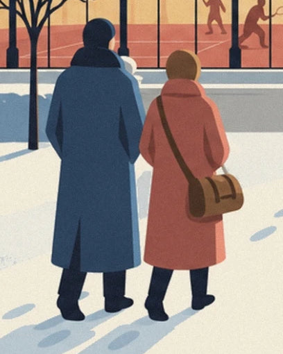 Le 2 figure di spalle con cappotti blu e corallo, con una borsa marrone sulla neve