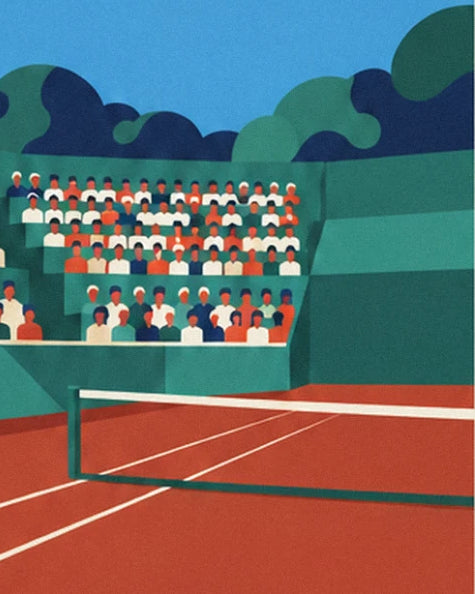 The net stretched across the orange clay court, facing the green stands filled with spectators