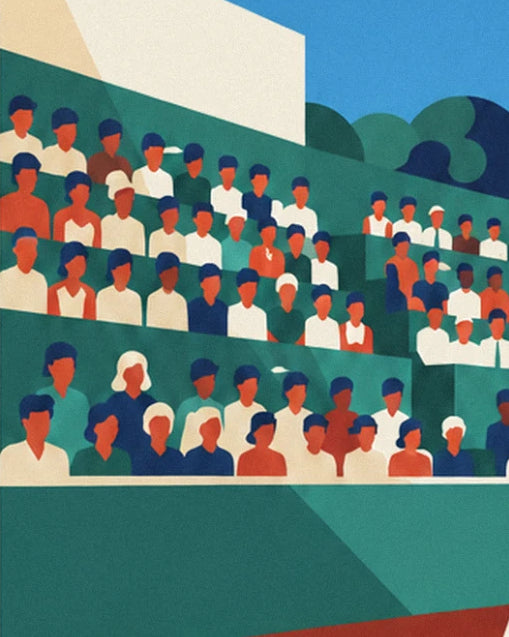 Spectators in white, orange and blue packed onto the green stands beneath the court's trees