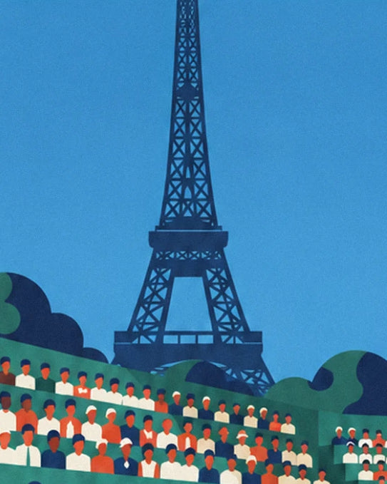The dark blue tour Eiffel against a blue sky, above the packed stands and green trees