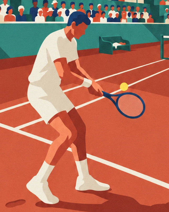 The player in white with knees bent, a yellow ball in front of his blue racket on the clay court