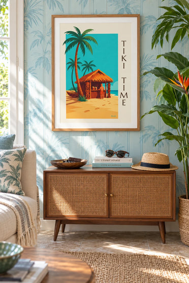 Affiche bar tiki tropical sur la plage et palmiers : encadrée au mur
