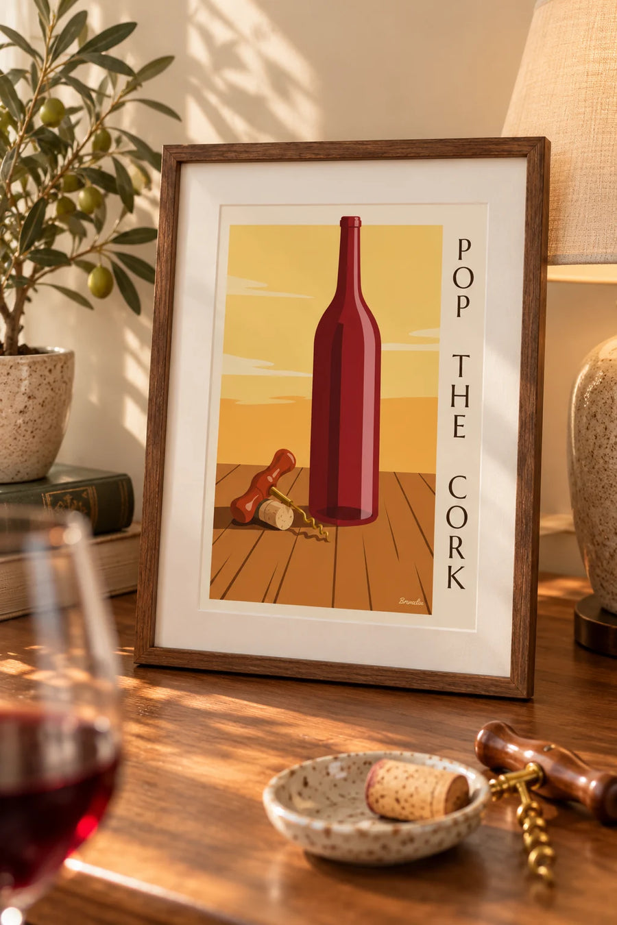 Poster of an antique corkscrew and a wine bottle: small framed A4 size