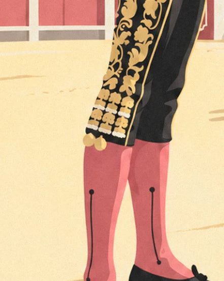 The bullfighter's pink stockings and slippers, with black breeches embroidered with gold, on the arena sand