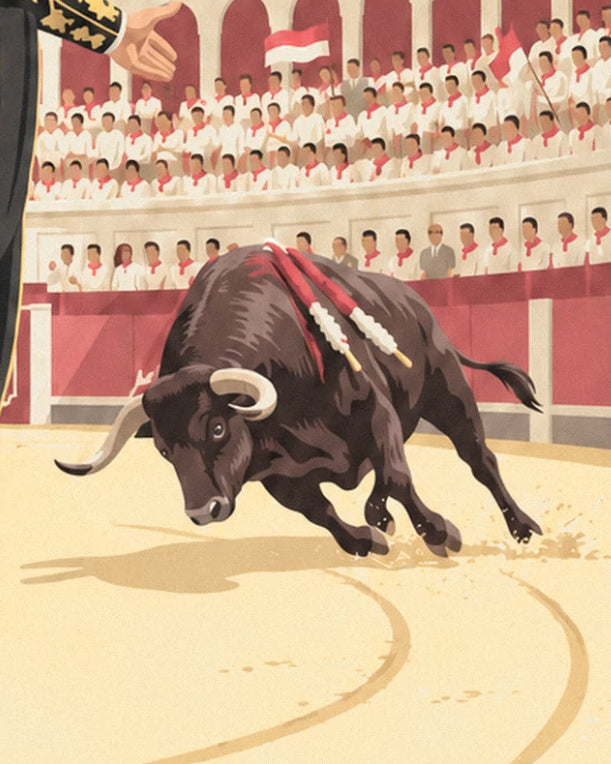 The brown bull charging across the sand with red banderillas in its back, in front of the white stands