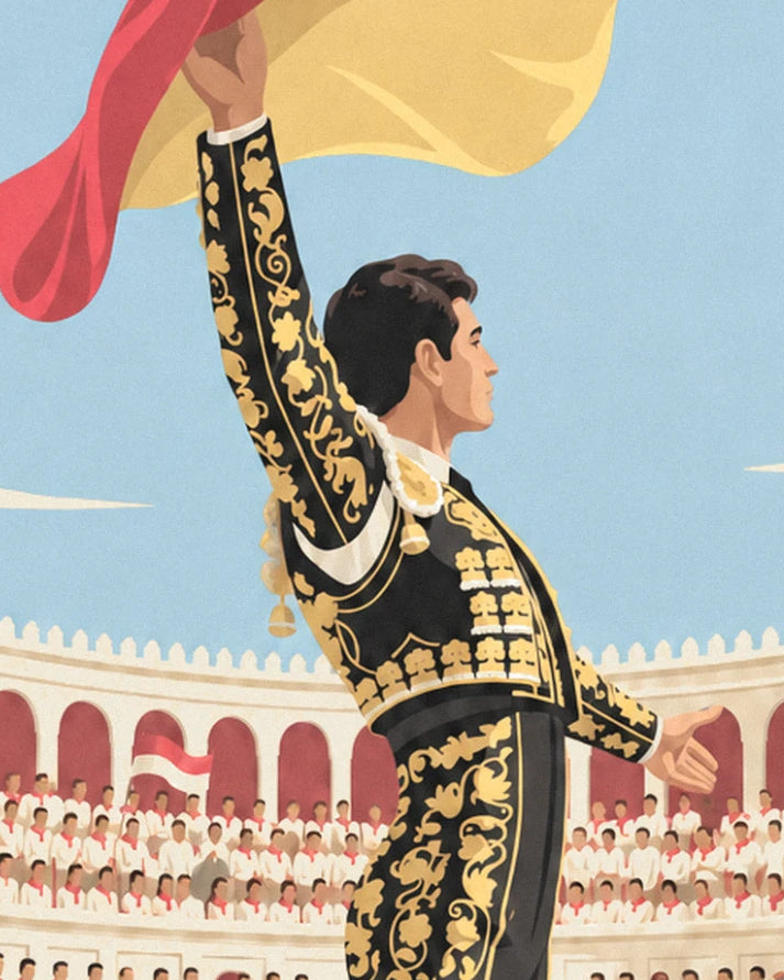 The bullfighter in a black suit embroidered with gold, arm raised beneath the red and yellow cape
