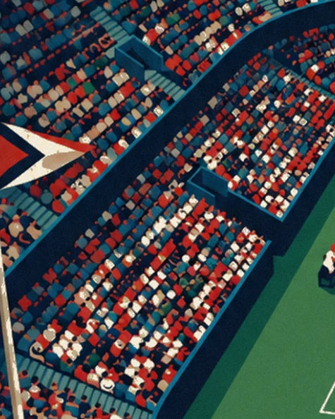 Sloping stands filled with supporters in red and white, with a triangular pennant