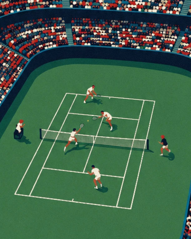 Doubles tennis on grass, with 4 players in white around the net and an umpire in the chair