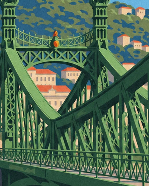 Les arches et les croisillons verts du pont de la Liberté, devant les collines